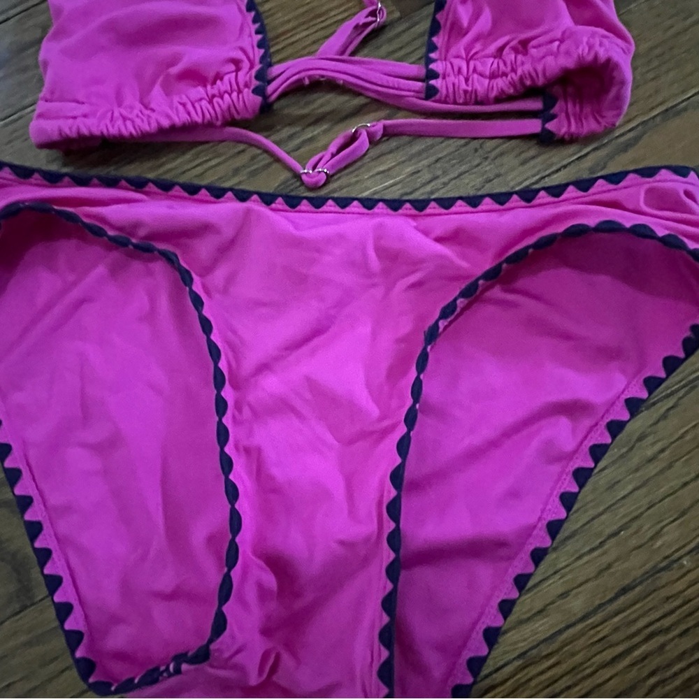 Lucky Brand Womens Pink & Navy Bikini Set With Ties & Zigzag Trim Sz Small - Picture 2 of 3